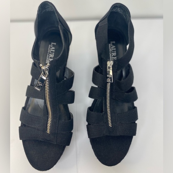 LAUREN RALPH LAUREN NWOT or Box Kelcie Chambray Fabric Sandal Wedges - Picture 2 of 7